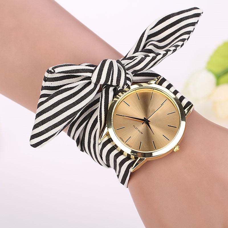 Women Wristwatch Stripe Floral Cloth Band Clock