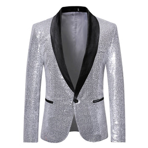 Black Sequin One Button Shawl Collar Suit Jacket Men Bling Glitter Nightclub Prom DJ Blazer Jacket Men Stage Clothes for Singers