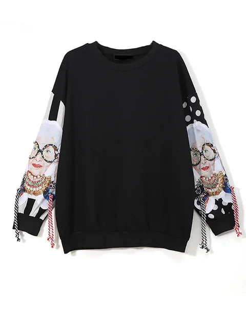 Black Long Sleeve Sweatshirts Women Patchwork Print Tassel Pullover Harajuku Hoodie Pullover Women Clothes New