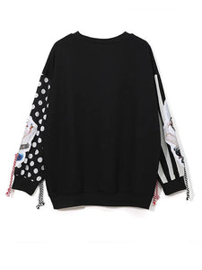 Black Long Sleeve Sweatshirts Women Patchwork Print Tassel Pullover Harajuku Hoodie Pullover Women Clothes New