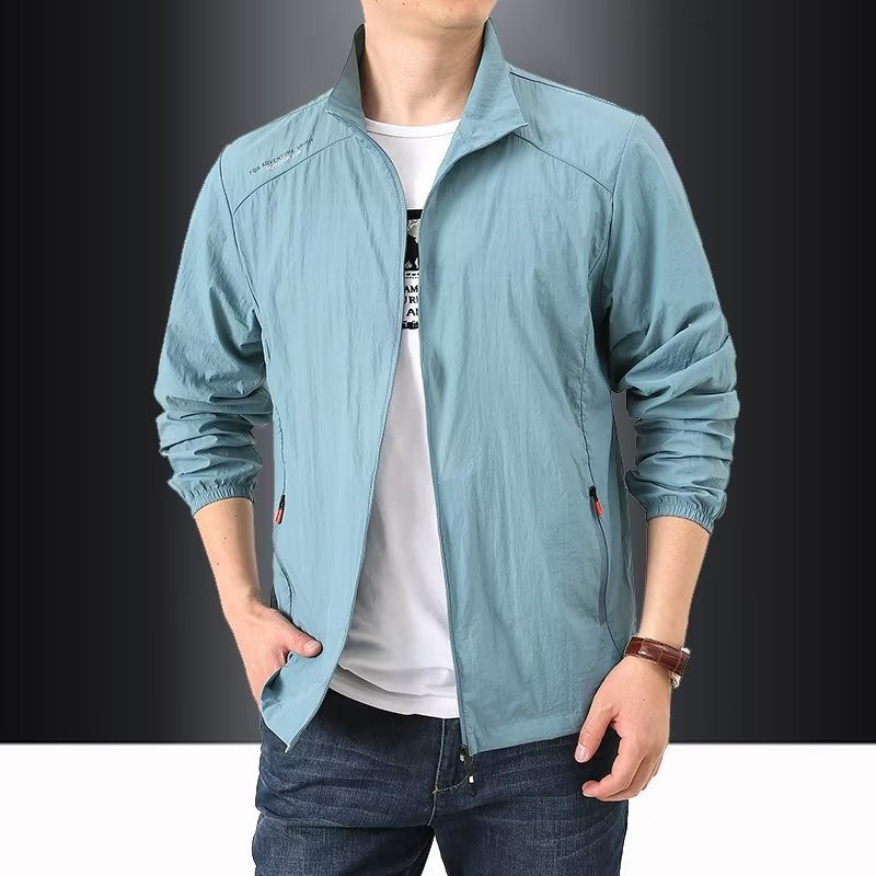 Summer new stand up collar loose sun protection clothes for men, casual outdoor sports style, breathable hooded skin clothes