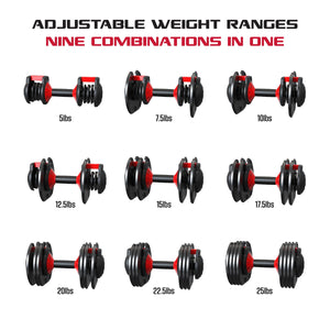 Smartbell, 25Lbs. Quick-Select 9 in 1 Adjustable Dumbbell for Home Gym, 5-25Lbs. Weight in 2.5Lbs Increments