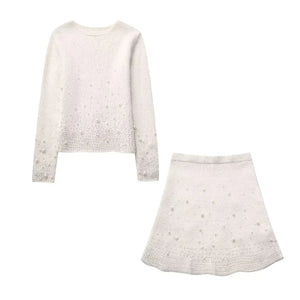 Autumn Winter Pearls Knit Mini Skirt Sets Women 2 Pieces Knit Sweater Women Suits Two Piece Women Outfit