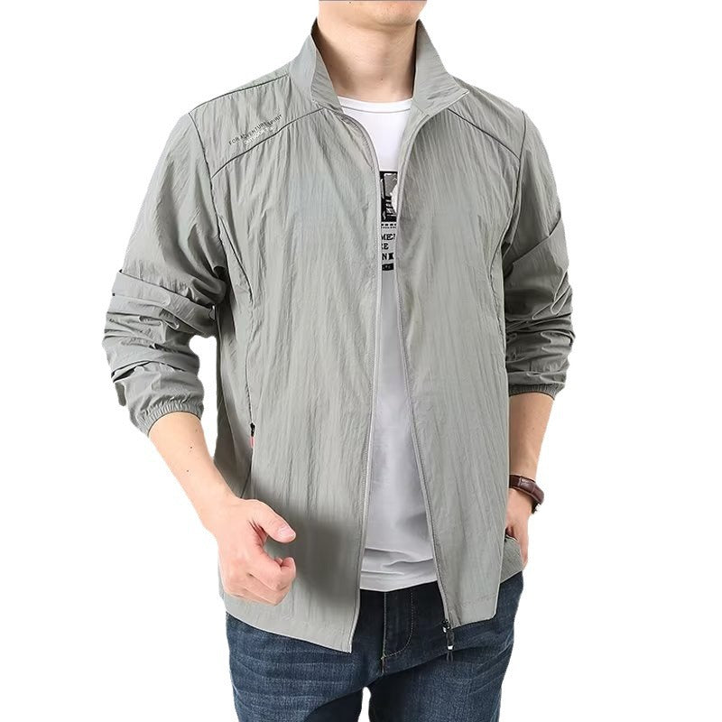 Summer new stand up collar loose sun protection clothes for men, casual outdoor sports style, breathable hooded skin clothes