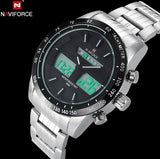 NAVIFORCE Stainless Steel Quartz Watch Men Digital LED Sports Wristwatch