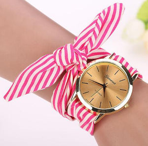 Women Wristwatch Stripe Floral Cloth Band Clock