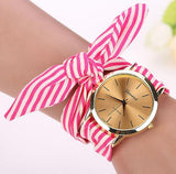 Women Wristwatch Stripe Floral Cloth Band Clock